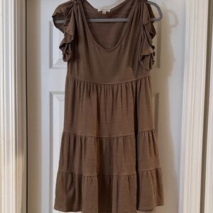 Max Studio Taupe Tiered Mini Dress with Ruffled Sleeves